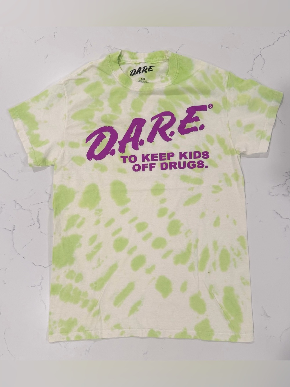 DARE Tie Dye Graphic Tee Green Purple Y2K Nostalgia Adult Small